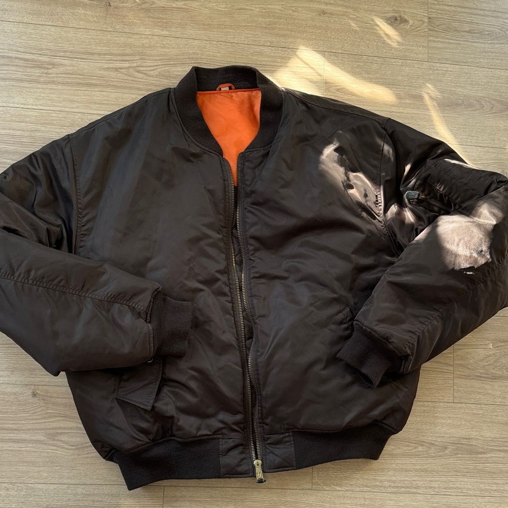 Brown Bomber Jacket with Orange Lining